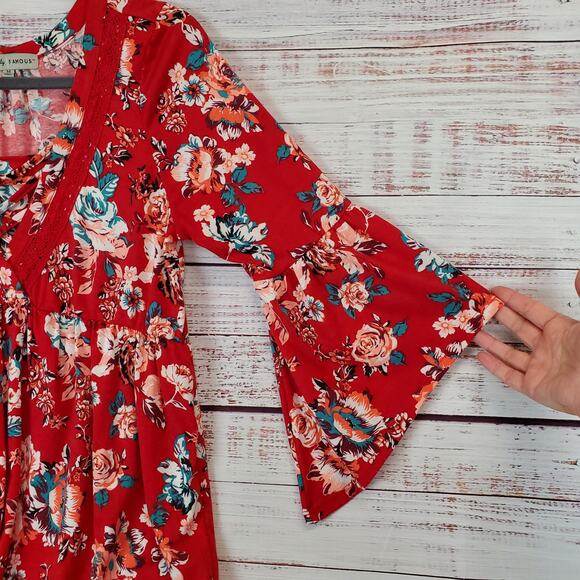 Red Floral Y2K Babydoll Ruffle Tunic Top M Flare Sleeves Boho Hippie Asymmetric - Picture 6 of 12